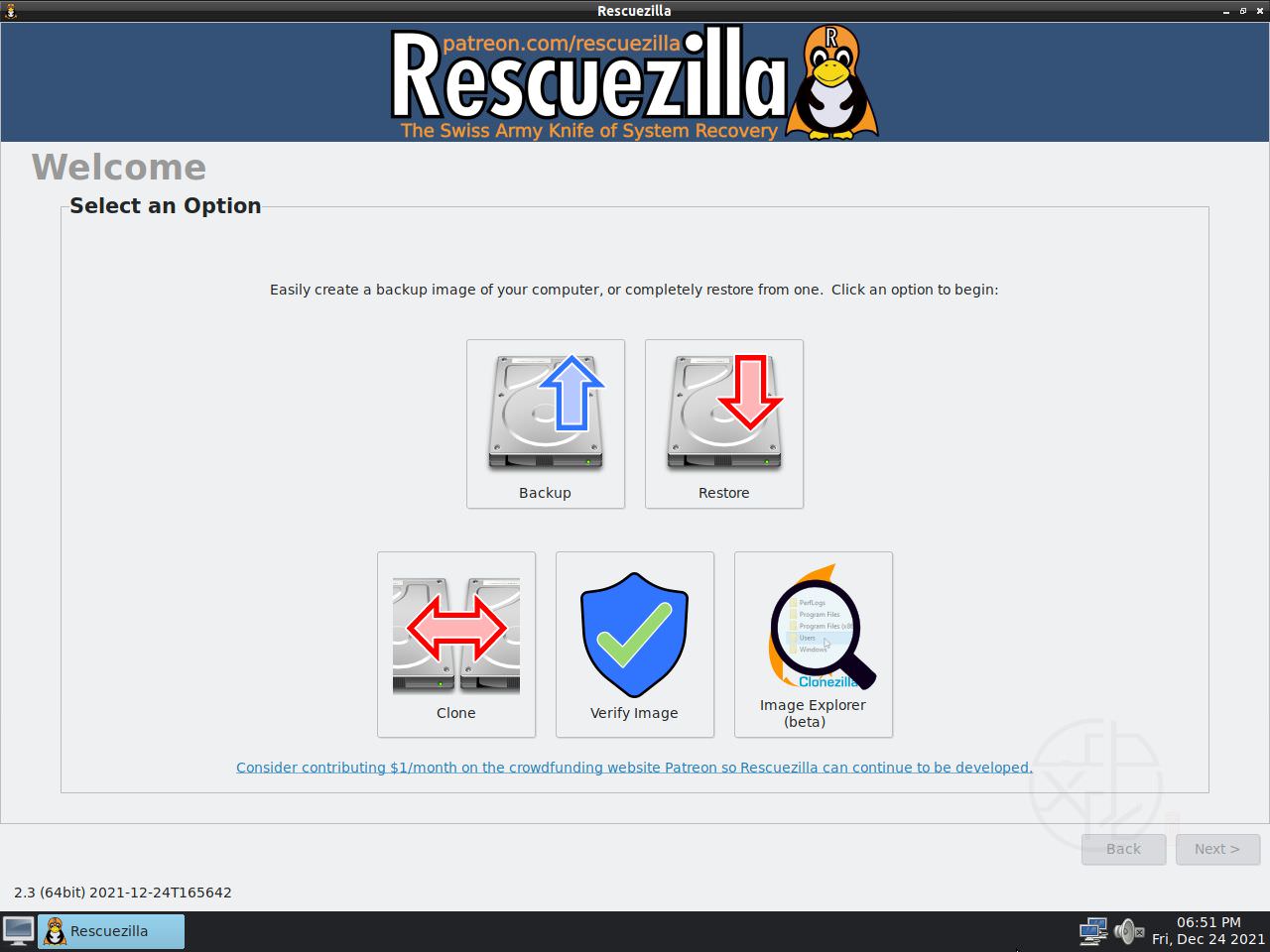 Rescuezilla 整顆硬碟映像備份、驗證與 Windows 系統還原教學: 主畫面